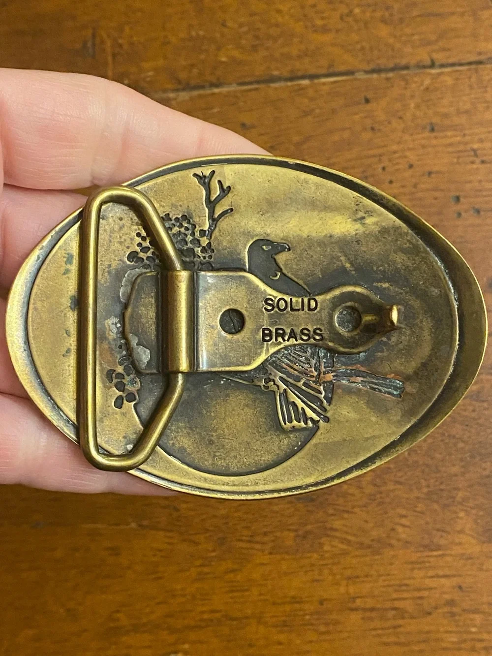 Vtg 1970s Solid Brass Etched Eagle Sunset Branch Belt Buckle
